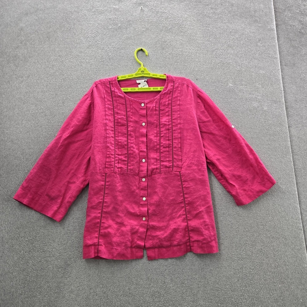 Charter Club Women Button Up Shirt 22W Pink Linen Round Neck Front Coastal Beach